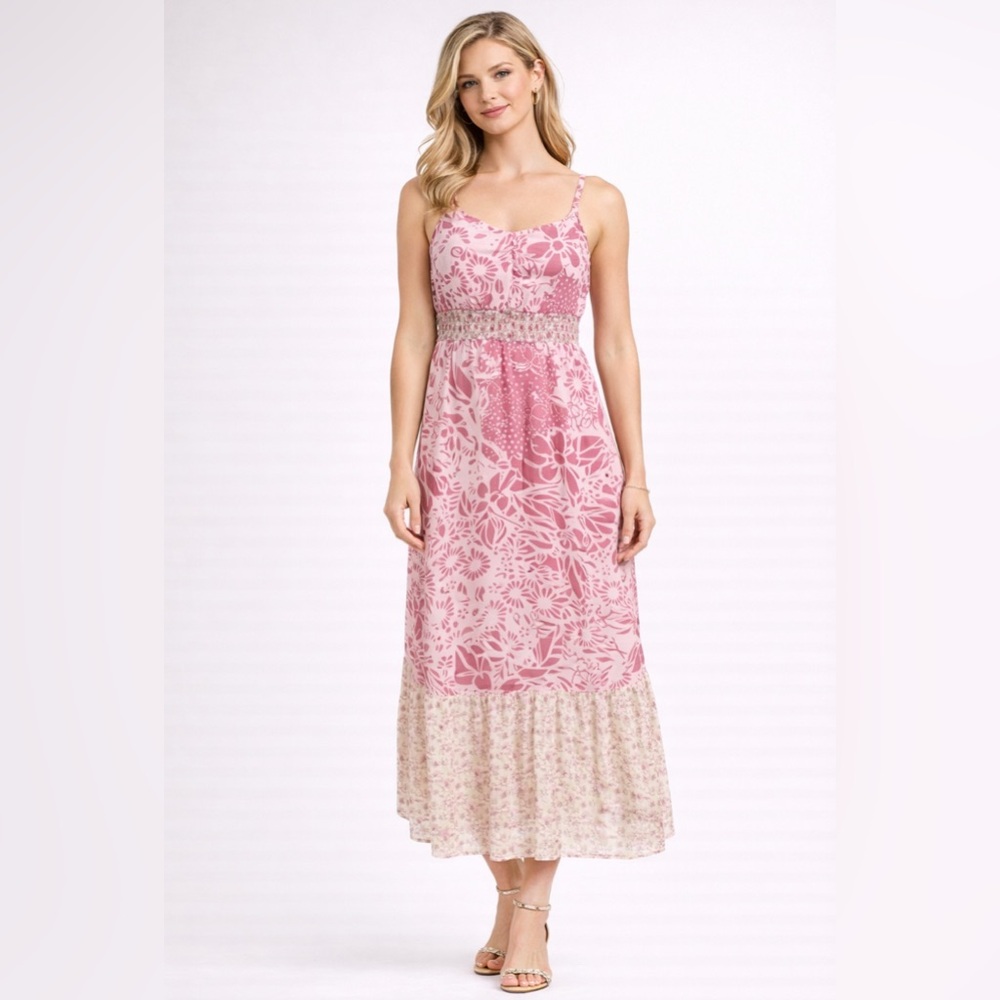 Maeve Anthropologie Midi Dress 2 Extra Small Pink Cream SILK Smocked Sleeveless